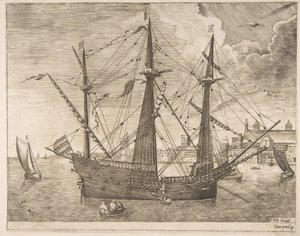 武装三船长在帆船附近的城市附近停泊。 1555-56。