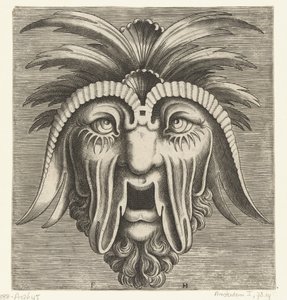 张开无牙的嘴，脸颊凹陷，头上有纹饰的面具
Pourtraicture ingenieuse de plusieurs facons de masques...（系列名称）