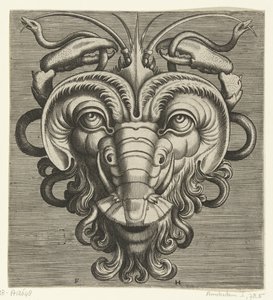 两只龙虾爪抓着蛇的面具
Pourtraicture ingenieuse de plusieurs facons de masques...（系列标题）