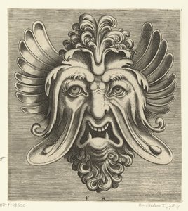 脸颊下垂、下牙两颗尖、鼻根处有一簇卷发的面具 Pourtraicture ingenieuse de plusieurs facons de masques…（系列标题） 作者 科内利斯·弗洛里斯 (II)