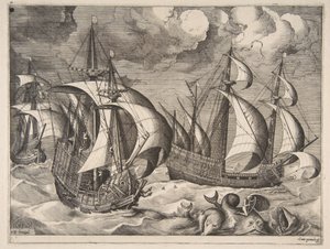1561-65年，在一只升起的鼠中的三只长尾小车与Arion航行中的海豚。 作者 弗朗斯·休斯