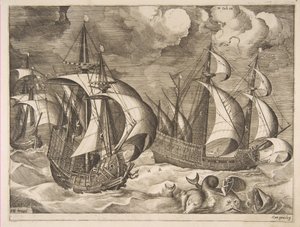1561-65年，在一只升起的鼠中的三只长尾小车与Arion航行中的海豚。