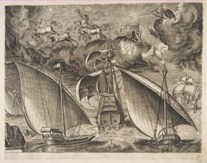 1561-65年，两架加利艇在辉腾和木星在空中武装的三船长背后航行，摄于1561-65年。