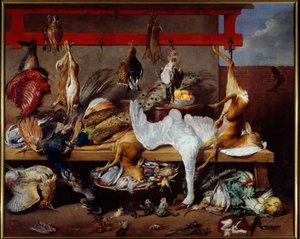 带有野味、鱼和豆类的厨房桌子 Frans Snyders (1579-1657) 的绘画 1630 暗淡。 2,73 x 3,40 m 里昂，Musee des Beaux Arts