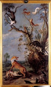 猫和狐狸 让-德-拉封丹的寓言故事插图。弗朗斯-斯奈德斯（1579-1657）的画作（ec.flam.）17世纪马德里，普拉多博物馆。