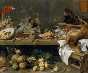静物与水果，蔬菜和死游戏，1635年 作者 Frans Snyders或Snijders