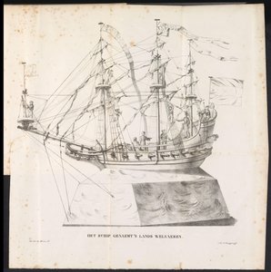 作为圣隆布特游行队伍花车的船只，1825 年
名为 "Welvaeren 的土地 "的船（物上有标题）