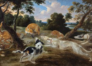 一只狐狸在海湾里被猎犬包围 作者 弗兰斯和维尔登斯扬·斯奈德斯