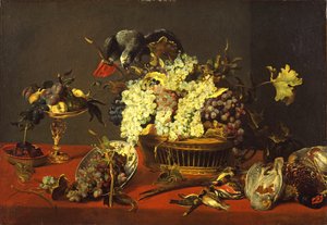 静物与灰鹦鹉，c.1630 作者 弗兰斯和斯奈德工作室