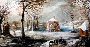 有人物和马匹的冬季风景（布面油画） 作者 弗朗斯·德·莫珀