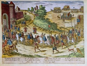 1567 年 8 月 8 日，托莱多公爵费迪南德-阿尔瓦雷或费尔南多-阿尔瓦雷斯-托莱多-皮门特尔（1508-1582 年），阿尔瓦-德-托尔梅斯第三公爵，随西班牙军队进入布鲁塞尔。1653 弗朗茨-霍根贝格（1535-1590 年）的版画，巴黎 B.N. 版画柜。