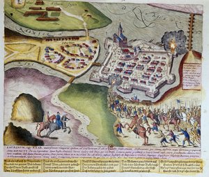 1598 年 3 月 28 日，阿道夫-施瓦岑贝格攻占拉布。1653 弗朗茨-霍根贝格（1535-1590 年）的版画，巴黎 B.N 美术馆。