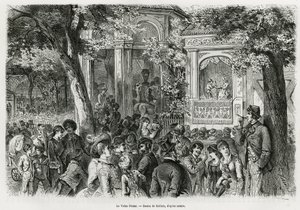 The Volks Prater: popular part of the main prater, offering numerous distractions, circus, orchestra and puppet show. Engraving by Kollarz, to illustrate the story Vienna and its suburbs, by M. Newlinski, in 1881, published in the Tour du monde, under the  作者 弗朗兹（后）科尔拉斯