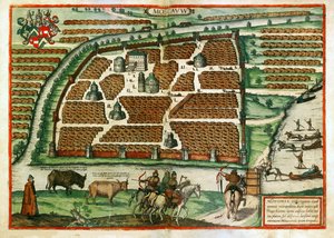 莫斯科地图（俄罗斯）--弗兰斯-霍根贝格（1535-1590 年）的作品，选自 Civitates orbis terrarium 的版画和水彩画 作者 弗朗兹·霍根伯格