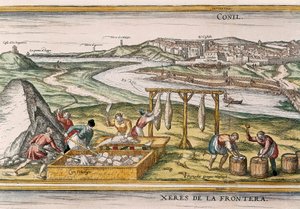 Conil de la Frontera，渔民将鱼晒干、切割、出售并装在桶中出售，来自“Civitatis Orbis Terrarum” 作者 弗朗兹·霍根伯格