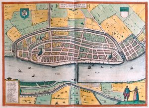 Kampen 和河 IJssel 或 Yssel，荷兰（雕刻 作者 弗朗兹·霍根伯格