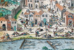 法国宗教战争场景，弗朗茨-霍根伯格（1535-1590）的雕刻作品，法国 作者 弗朗兹·霍根伯格