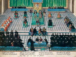 1561年1月在奥尔良举行的总督会议，弗朗茨-霍根伯格（1535-1590）的雕刻作品，法国 作者 弗朗兹·霍根伯格
