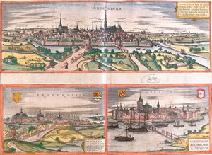 荷兰格罗宁根 (Groeninga)、Brouwershaven (Broversavia) 和 Gorinchem (Goricum) 的景色（蚀刻 作者 弗朗兹·霍根伯格