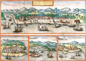 Kozhikode 或 Calicut (Calichut)（印度）、Ormuz（Ormus）（伊朗）、Cannanore 或 Kannur（Canonor）（印度）和矿山圣乔治（S. Georgii）或 Elmina（加纳）的景色 作者 弗朗兹·霍根伯格