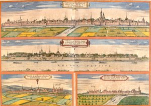 Neuss (Novesium)、波恩 (Verona)、Bruhl (Brula) 和 Zons (Sontina)，德国（蚀刻 作者 弗朗兹·霍根伯格
