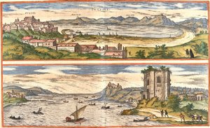 意大利波佐利 (Puteoli) 和海湾 (Baiae)（今巴亚）的景色，拥有那不勒斯湾温泉浴场的古老遗迹和堡垒（蚀刻 作者 弗朗兹·霍根伯格