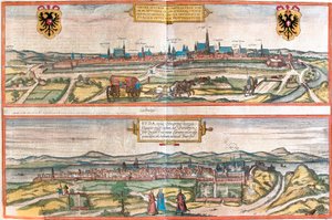 维也纳 (Vienna)、奥地利和布达佩斯 (Buda)、匈牙利 (蚀刻 作者 弗朗兹·霍根伯格