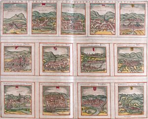 瑞士联邦主要城市景观：施维茨（Svicia）、楚格（Tugium）、格拉里斯（Glarona）、贝尔（Basilea）、苏黎世（Tugurum）、伯尔尼（Ursina）、卢塞恩（Lucerna）、乌里（Ursella）、 弗里堡 (Frigurgum)、索洛图恩 (Soloturensis)、沙夫豪森 (Schapel) 作者 弗朗兹·霍根伯格
