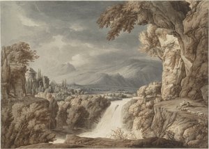 有瀑布的英雄景观，约1790年。