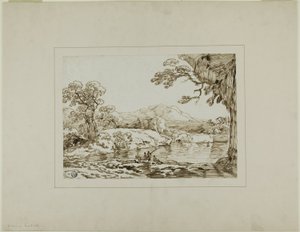 有河流、远山和前景中钓鱼人物的风景画