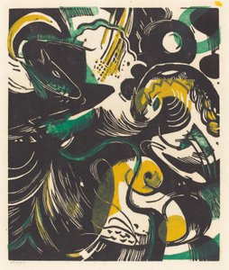 创世纪II（Schopfungsgeschichte II），1914年（木刻黄色，黑色和绿色） 作者 弗朗兹·马克（Franz Marc）