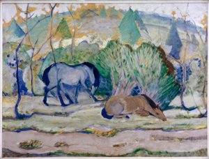 牧场中的马（景观中的马） 作者 弗朗兹·马克（Franz Marc）