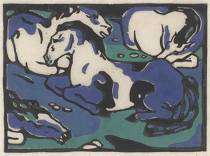 Ruhende Pferde（Resting Horses），1911-1912，印刷于1916年（日本纸上的黑色，蓝色和绿色木刻） 作者 弗朗兹·马克（Franz Marc）