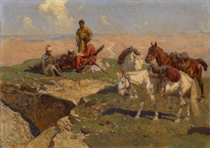 高加索骑手休息，1917年 作者 弗朗兹·鲁博（Franz Roubaud）