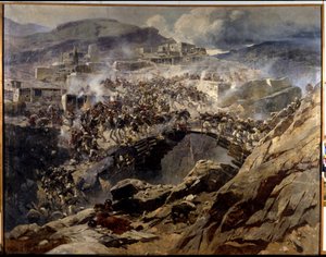 阿克胡戈之围1839 年，夏米尔（伊玛目夏米尔，沙米尔）（1797-1871 年）和他来自高加索的穆斯林追随者被围困在他们的山中堡垒，随后被俄军屠杀--弗朗茨-鲁博（1856-19 年）的绘画作品 作者 弗朗兹·鲁博（Franz Roubaud）