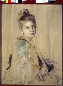 拿扇子的女孩Franz von Lenbach（1836-1904 年）的作品，卡片上的粉彩画，约 1880 年。19 世纪德国艺术。圣彼得堡国家冬宫。 作者 弗朗兹·塞拉夫·冯·伦巴赫