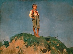 草坡上的牧童，约 1859 年（纸板油画） 作者 弗朗兹·塞拉夫·冯·伦巴赫