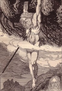 挂在世界树上的奥丁。汉斯-冯-沃为《埃达：日耳曼诸神与英雄》所作的插图