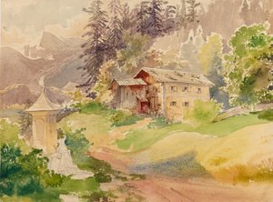 阿尔卑斯山风景，农舍和神龛前的妇女 作者 弗朗兹·斯坦菲尔德