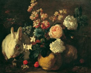 兔子、鲜花和水果静物画