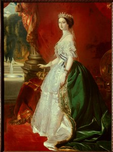 欧仁妮 (1826-1920) en robe de cour 长袍 绘画 Frans Xaver Winterhalter (1806-1873) 19 世纪私人收藏 - 尤金妮皇后 (1826-1920) 穿着短裙的全长肖像。 Franz Xaver Winterhal 之后的绘画
