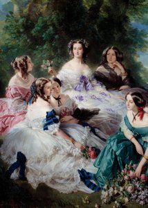 1855 年的 Impress Eugenie (1826-1920) 围绕着细节宫的贵妇们，分别代表埃斯林公主、石头男爵夫人、Lezay-Marnesia 子爵夫人、白衣皇帝和蒙特贝罗侯爵夫人 这 作者 弗朗茨泽维尔温特哈尔特