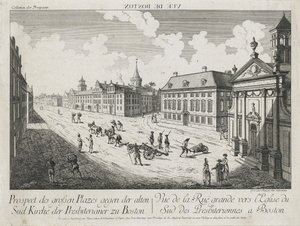 波士顿大道（Vue d&39;Optique）-大广场前景（Prospect des Grossen Plazes gegen der Alten Sud Kirche der Presbiterianer zu Boston）（朝向波士顿老南长老教会的大广场的光学视图-视图），c。 1776年（蚀刻和雕刻，在普通纸上未着色）