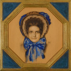 Marie avec un chapeau (type capot) - 带着 Poke 帽子的女儿 Mary - Franz-Ritter (Franz Ritter) von Stuck (1863-1928)。 纸板上的水粉、粉彩和煤 尺寸：55x49,3 厘米 私人收藏 作者 弗朗兹·冯·斯塔克