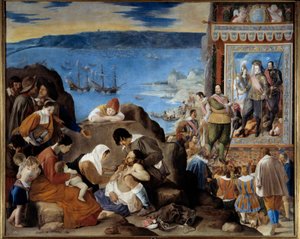 Fadrique Alvarez de Toledo y Mendoza（1580-1634）指挥的葡萄牙、西班牙和印度军队于 1625 年 5 月 1 日接管萨尔瓦多巴伊亚（巴西）的寓言（收复巴西巴伊亚） - 左：受苦 受害者 - 右：将军 作者 Fray Juan Batista Maino或Mayno