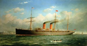 翁布里亚号（R.M.S. Umbria）库纳尔德邮轮在纽约东河布鲁克林高地附近海域航行 作者 弗雷德·潘辛
