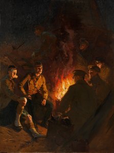 前线某处，士兵们夜间围坐在营火旁，西线
