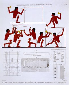 工作中的石匠，选自 Frederic Cailliaud（1787-1869 年）1819-1822 年第二次访问埃及时记录的《底比斯壁画罕见记录》，彩色石版画