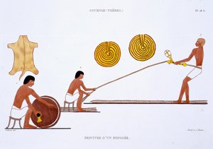 Tanner 和 Ropemaker，选自 Frederic Cailliaud（1787-1869 年）1819-1822 年第二次访问埃及时记录的《底比斯壁画珍品录》，彩色石版印刷。