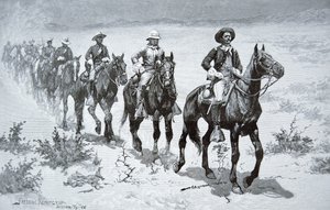 美国“布法罗士兵”在沙漠中行进，来自 1888 年的图画（版画）